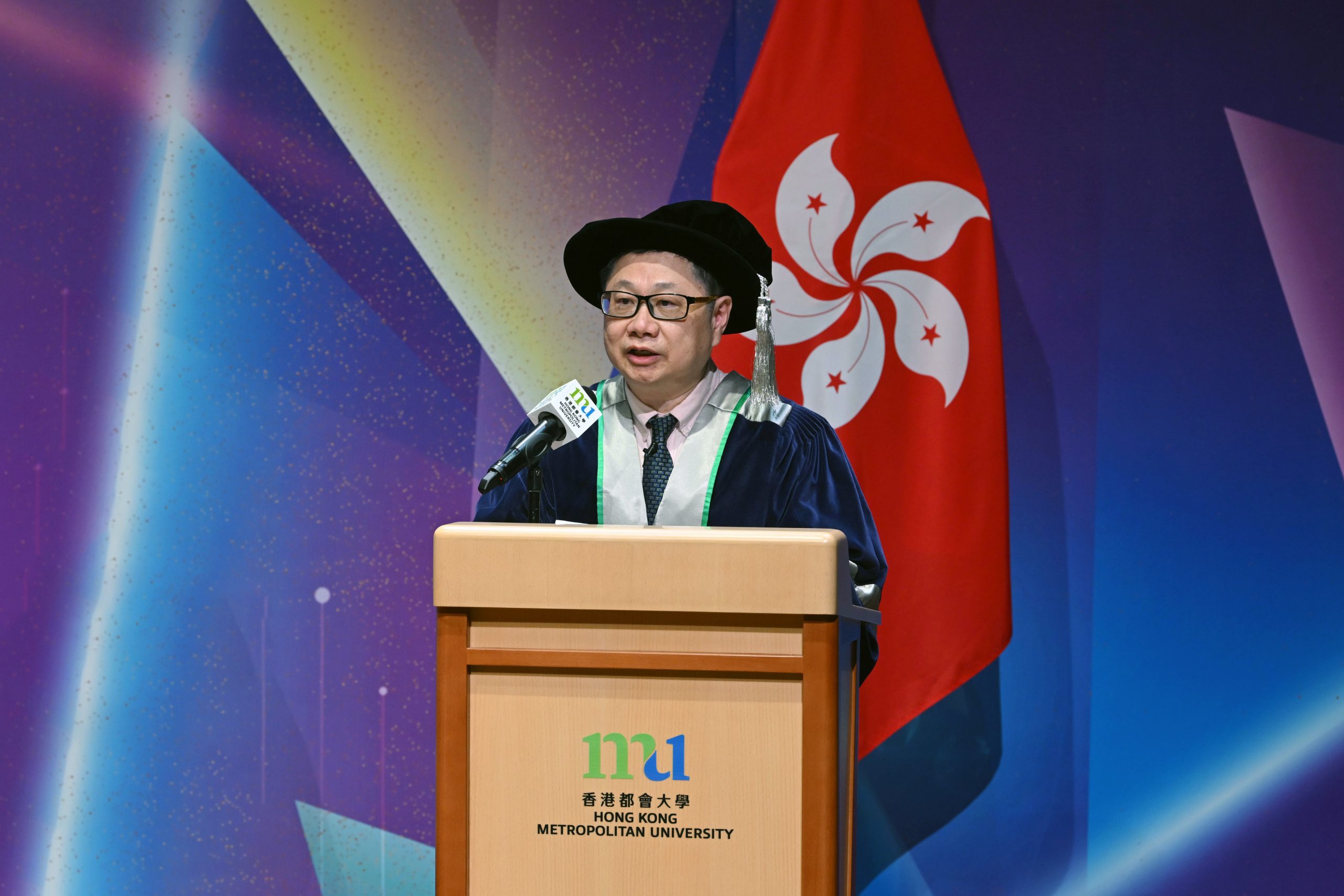 Addressing the ceremony, HKMU Acting President Prof. Reggie Kwan Ching-ping commends the five Honorary Doctorate recipients for their enormous contributions to higher education, to their respective professions, and to the community at large.